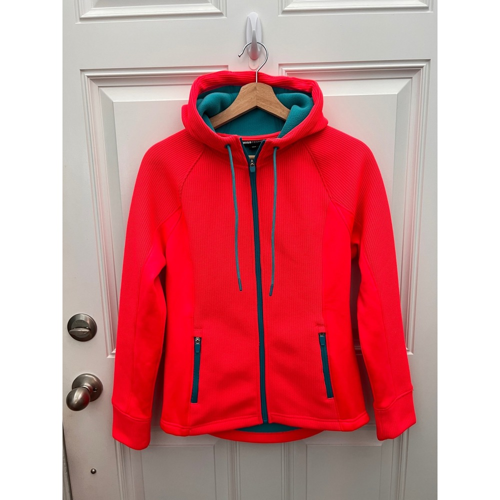 Swiss Tech Womens Neon Pink Teal Waffle Knit Fleece Full Zip Hoodie Jacket XS
